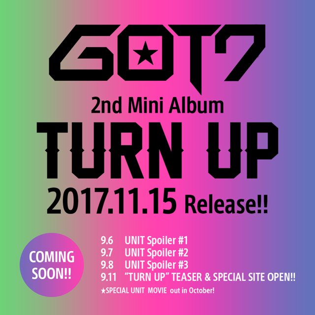 GOT7Official's tweet photo. GOT7 Japan 2nd Mini Album <TURN UP> Teaser Image 1
Release Date: 2017. 11. 15

https://t.co/anO0NlWPAk

#GOT7 #TURNUP https://t.co/TyRekNZLl2