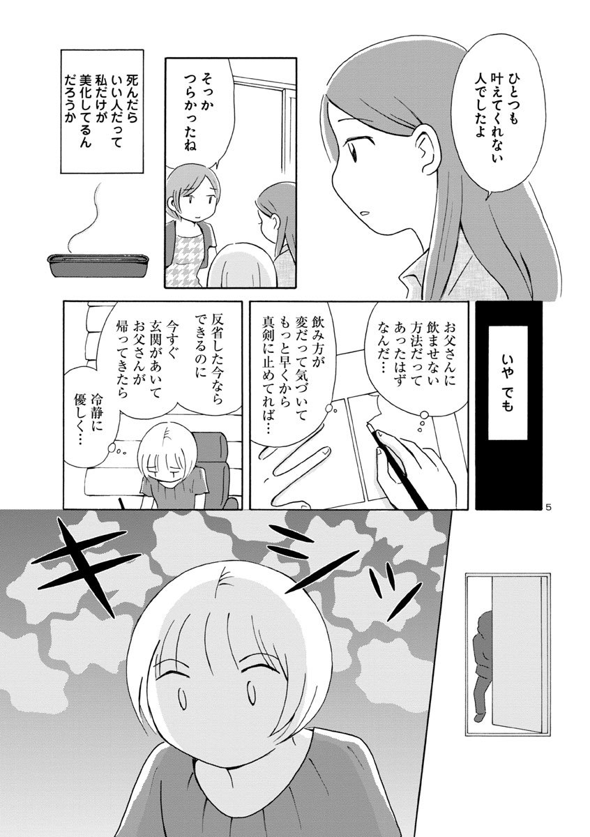 「酔うと化け物になる父がつらい」最終話更新。父の葬儀後、感情の整理がつかない日々。長い時をかけて、辿り着いたのは…。ご愛読、ご声援ありがとうございました。皆様の感想、とても励みになりました。<2/2>https://t.co/aSVBpXJzkt #酔うと化け物になる父がつらい