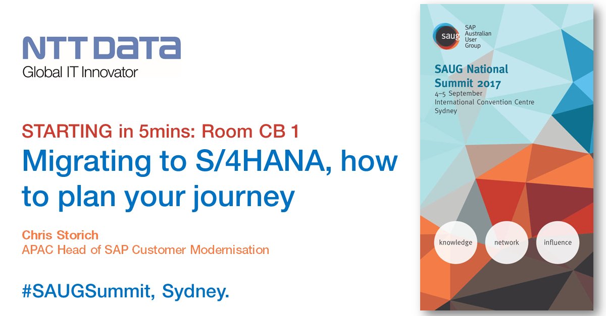NTTDATABSAPAC's tweet photo. Session Alert: Migrating to S/4 HANA, how to plan your journey. Starting in 5 mins - Room CB1. #SAUGSummit https://t.co/n7zWwbT991