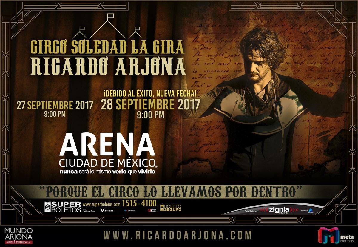 WeekendTV_CDMX's tweet photo. .@Zignia_Live presenta a @Ricardo_Arjona en la @ArenaCdMexico este proximo 27 y 28 de Sept. boletos @SuperboletosMx 
weekendmedios.mx https://t.co/YJId0t17kz