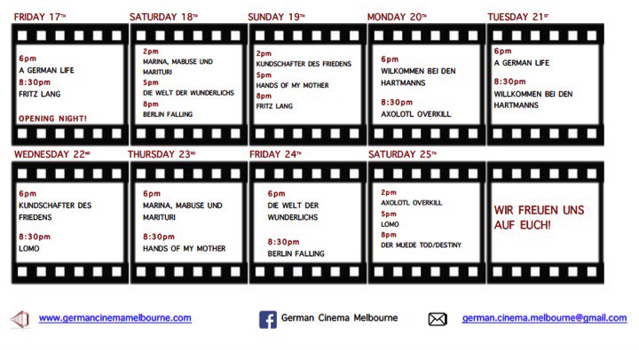 GermanCinemaOZ's tweet photo. The program for German Cinema Melbourne has been released!
#germancinema #germansinmelbourne #filmfestival #Melbourne #backlotstudios https://t.co/UsocU8Gx0s