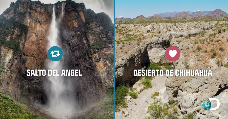 DiscoveryLA's tweet image. ¿Un desierto o el salto de agua más alto del mundo? ¡Elige qué lugar preferirías para vivir en contacto con la naturaleza! #DiscoveryExtremo