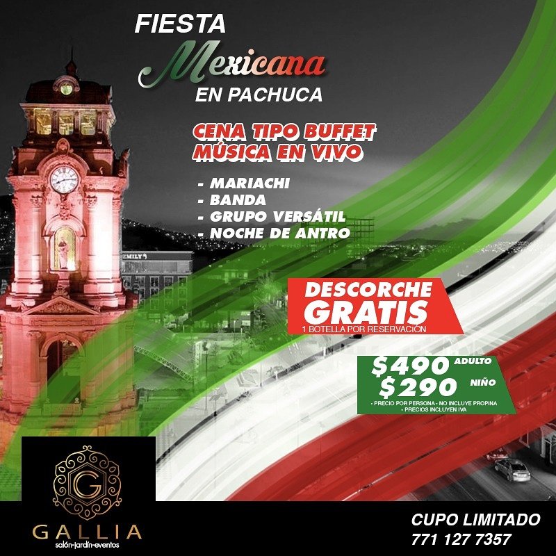 SalonesGallia's tweet photo. Si vives en #CDMX o #edomex ven a #Pachuca a disfrutar de una #NocheMexicana diferente. Se va a poner de lujo. #15DeSeptiembre https://t.co/EcKlaH2J0S