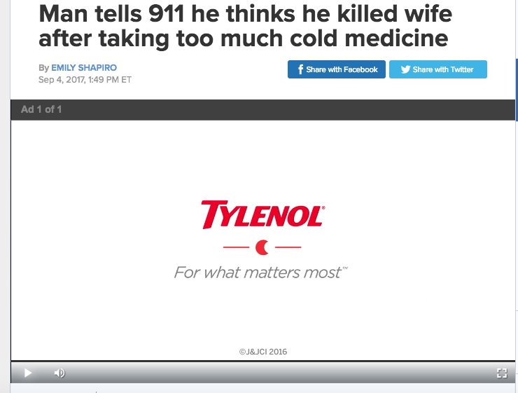 shakinat's tweet photo. @tylenol Just saw TylenolPM ad (as a sleep aid) on ABCNews story re: husband killing wife &amp; blaming it on cough medicine. Rethink placement? https://t.co/hkdN6dmUeT