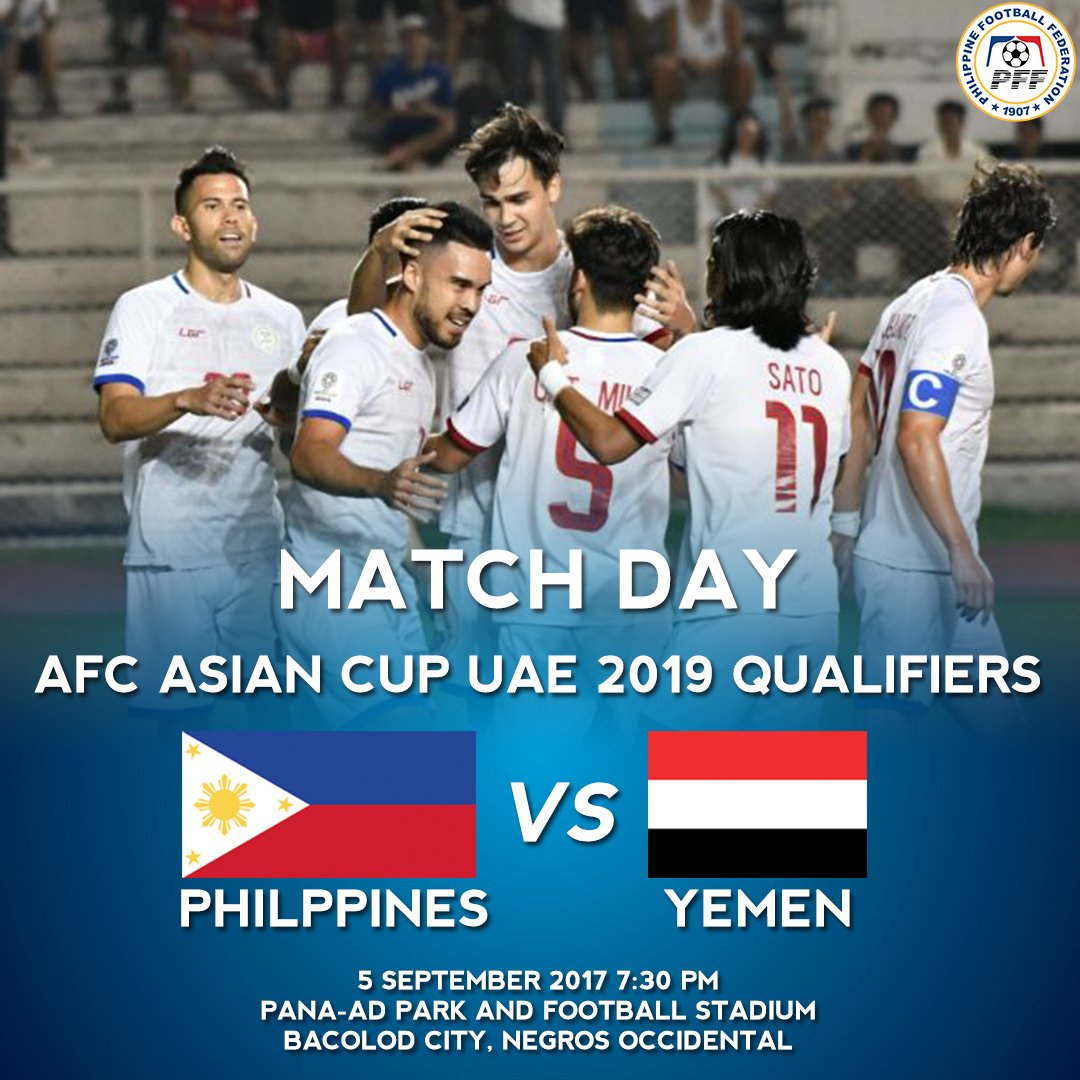philfootball's tweet photo. MATCH DAY!

Philippines vs Yemen
AFC Asian Cup UAE 2019 Qualifiers

KO: 7:30 PM
Venue: Pana-ad and Park Stadium https://t.co/k47guCfNgo
