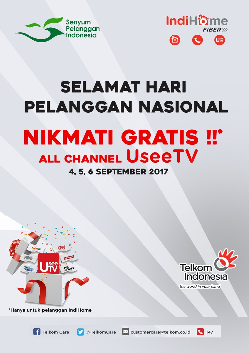 ❤️ Persembahan untuk Pelanggan IndiHome❤️
Gratis All Channel UseeTV
tanggal 4, 5, 6 September 2017
otomatis, tidak perlu registrasi!!