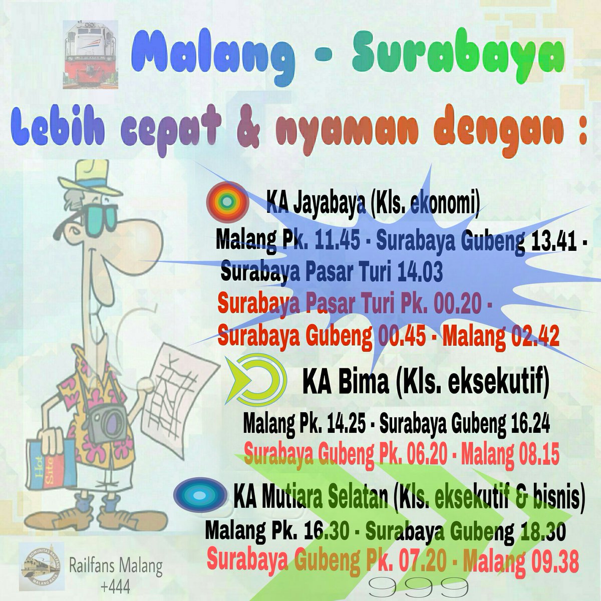 MalangTramway's tweet photo. Tersedia #KAJayabaya #KABima &amp; #KAMutiaraSelatan bagi #SobatMalangTramway yang menginginkan tiba di #Surabaya tepat waktu. https://t.co/ZrEyVOCNMW
