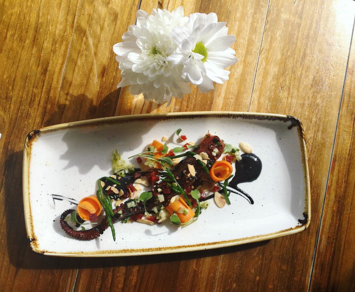 Grilled #octopus with squid ink alioli, pickled carrot and apple gremolata! #delicious