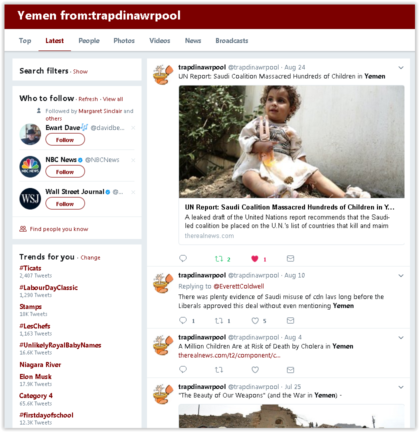 SRAntiFascism's tweet photo. @trapdinawrpool Was trying to find your tweet about #Yemen,
#SaudiArabia from Sept3 in #TwitterSearch
and #ofcourse it #wasmissing.
https://t.co/rVFOv3xcuq https://t.co/CX4d9LsbKn