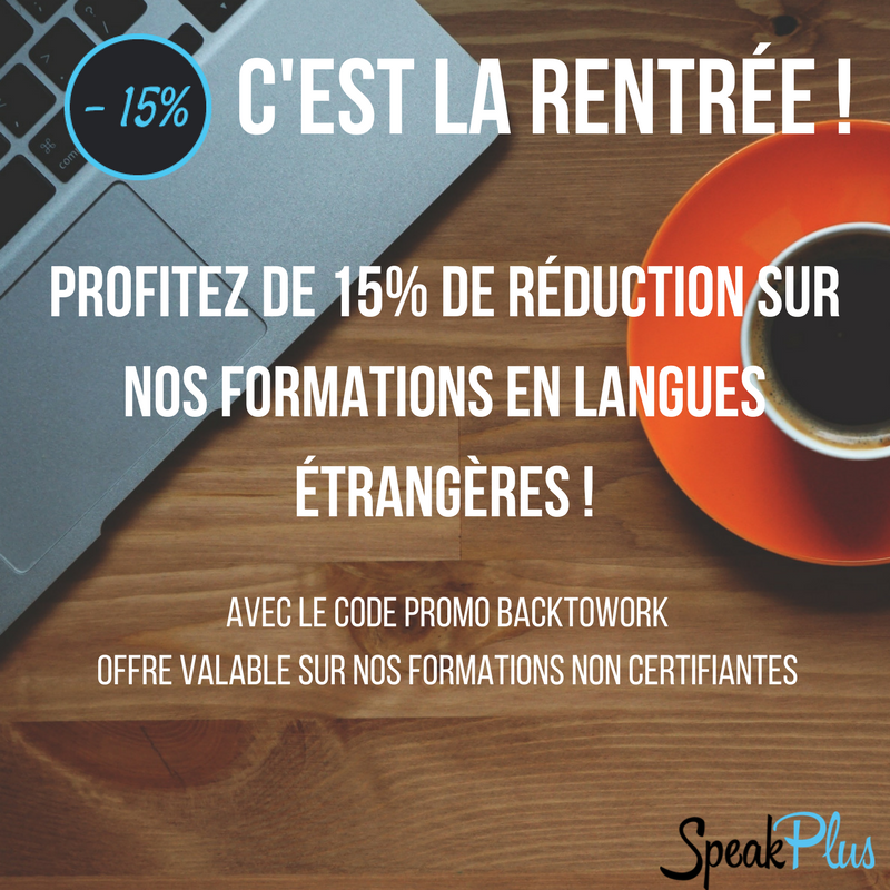 SpeakPlus's tweet photo. Bonne rentrée à tous ! Pour fêter ça, profitez de 15% de réduction sur nos #formations en #langues https://t.co/xPRcHyofVG https://t.co/HfEB5ZUlht