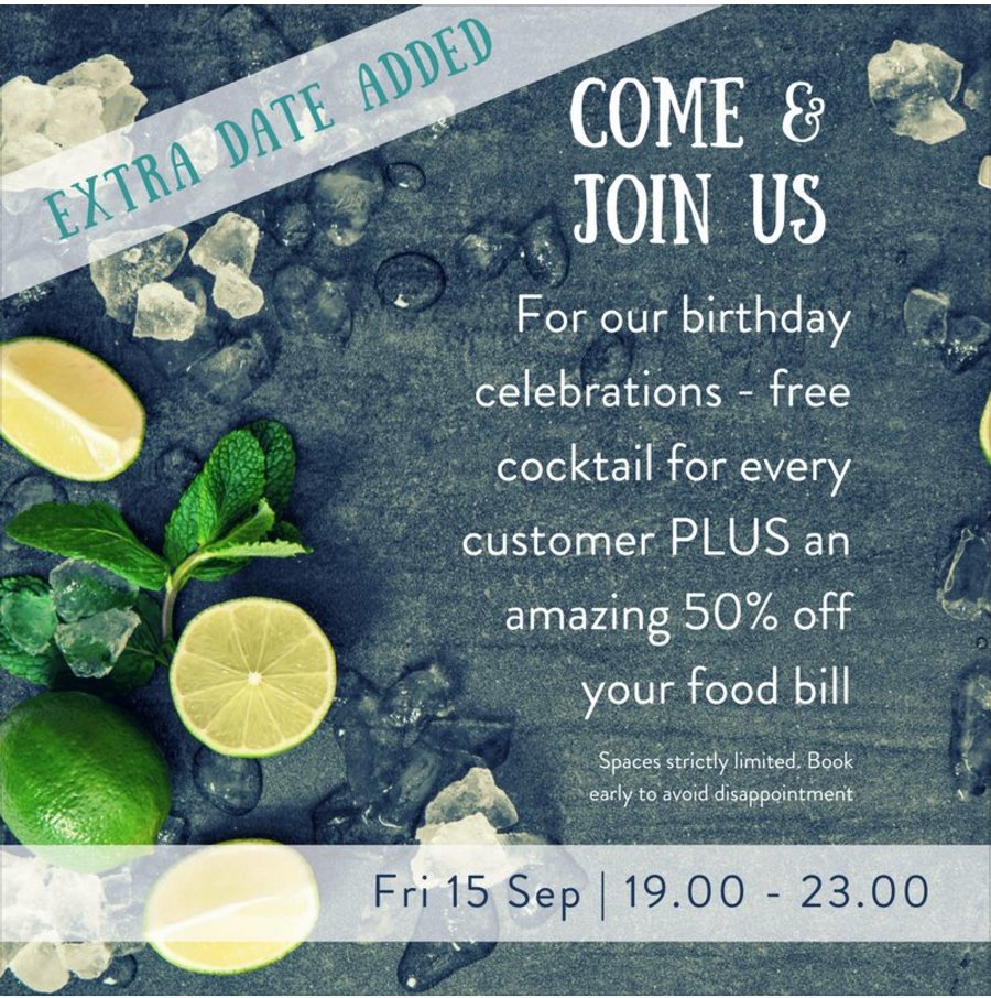 BearsRestaurant's tweet photo. It's our birthday! Book in on Fri 15 Sep and we'll be offering a free cocktail for every customer, and 50% OFF your food bill. 01252 884089. https://t.co/DXlvGJunki