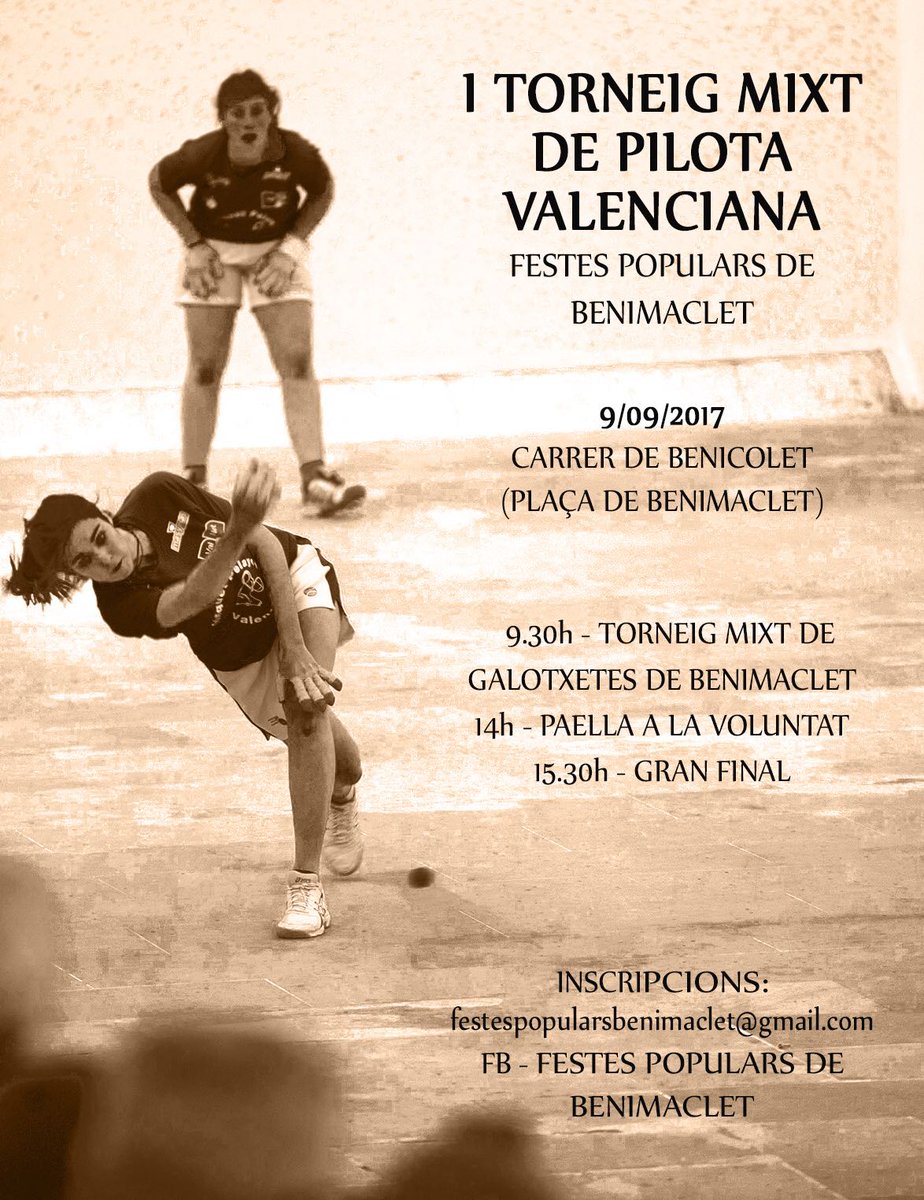 fedpival's tweet photo. Les @FestesBeni2017 🎉🙋enguany amb #PilotaValenciana a la seua programació amb el 1rTorneigMixt🏆👫 de #Galotxetes Baixa al carrer i participa! https://t.co/sGnjo5tVxT