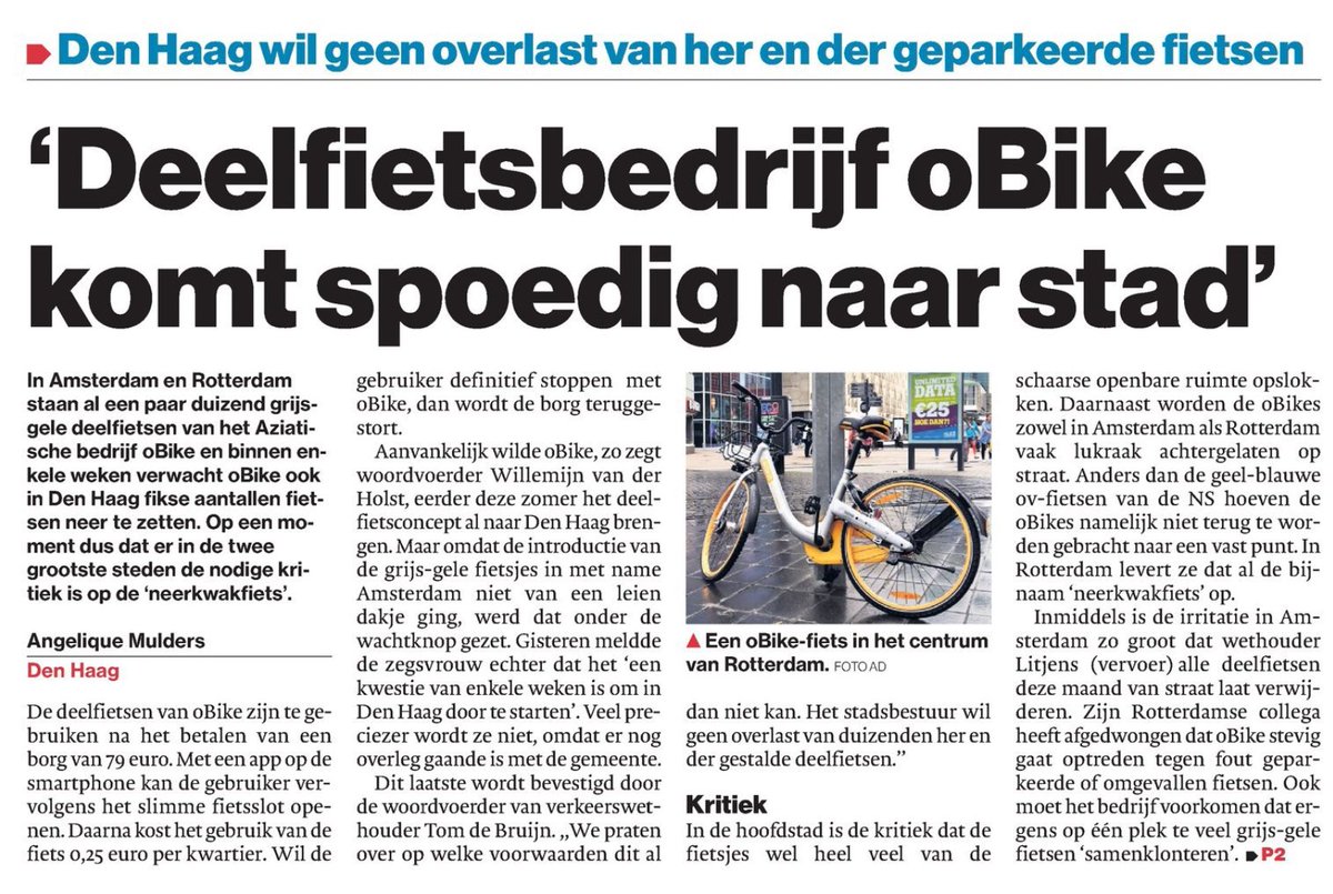 deelfietsen's tweet photo. oBike binnenkort ook in Den Haag, gemeente beducht voor overlast #neerkwakfietsen https://t.co/KwO68SxFgZ