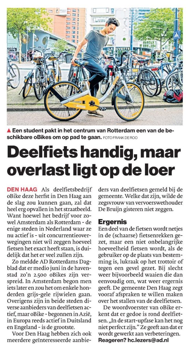 deelfietsen's tweet photo. oBike binnenkort ook in Den Haag, gemeente beducht voor overlast #neerkwakfietsen https://t.co/KwO68SxFgZ