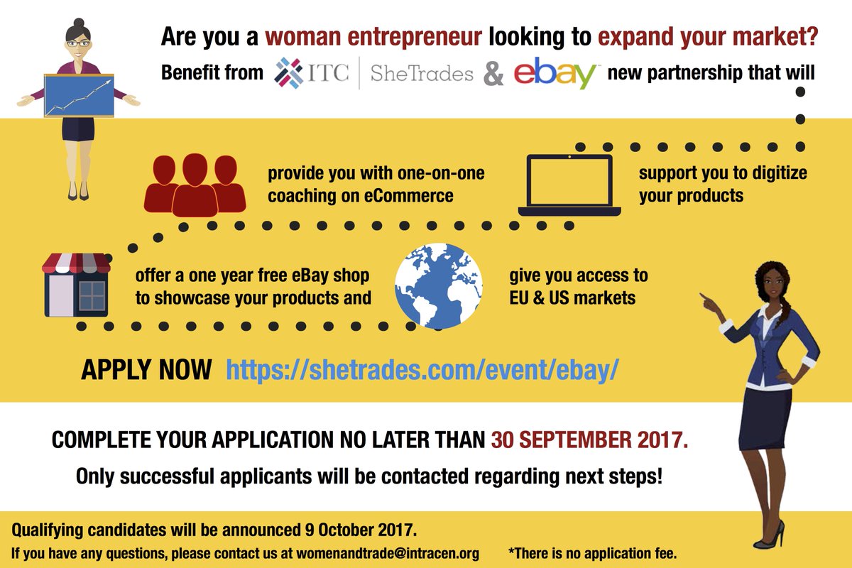 ITCnews's tweet photo. Women entrepreneurs! Don't miss the chance to grow your business and reach new markets! More info: https://t.co/34TS4CCw9v #SheTrades https://t.co/MGf8OPaDL9
