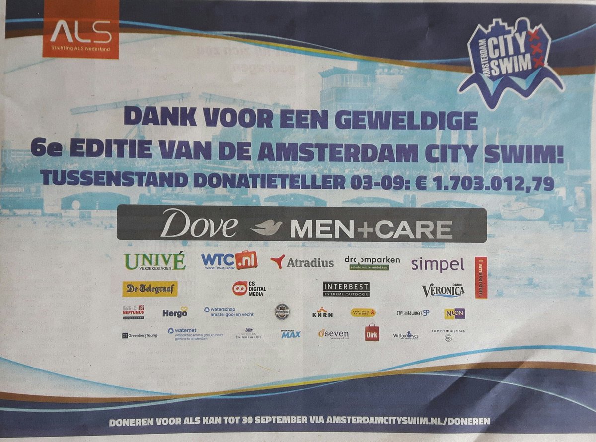 Vandaag in de <a href="/telegraaf/">De Telegraaf</a> de tussenstand van #ACS2017 de gehele opbrengst gaat naar <a href="/ALSnederland/">ALS Nederland</a> #Proudpartner #Osevenhfindemedia