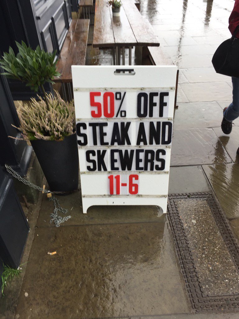 moonandsixp's tweet photo. Today's offer is 50%off steaks and skewers, come in out of the rain and try it #moonandsixp #tuesdayoffer https://t.co/PzLtVBfj7V