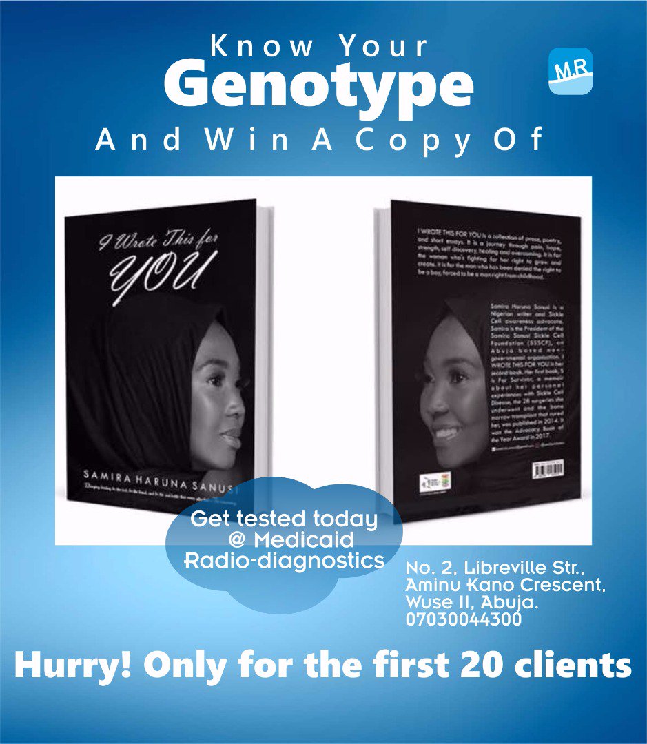 MedicaidRD's tweet photo. #KnowYourGenotype Get tested @MedicaidRD and win a copy of #IWroteThisForYou written by @Saamira_S 
Hurry! Only for the first 20 clients https://t.co/0oc7dSAp8t