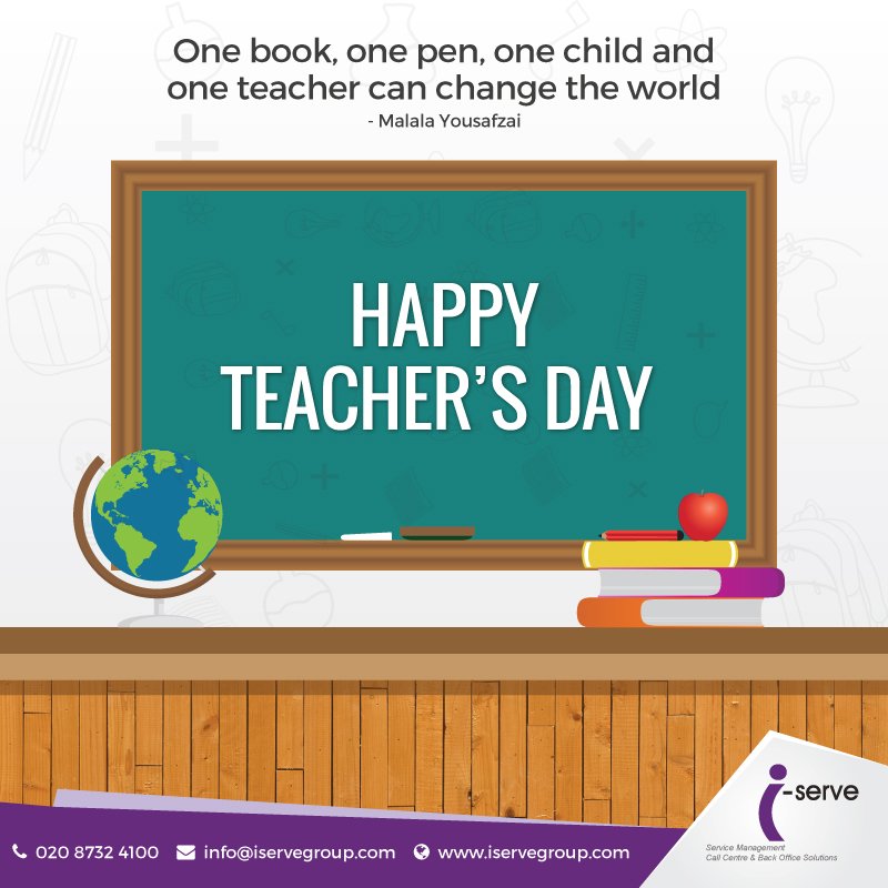 iservegroup's tweet image. Happy Teachers Day
   
  #OneBook, #OnePen, #OneChild and #OneTeacher can change the #World - Malala Yousafzai
   
  #World #Teachers