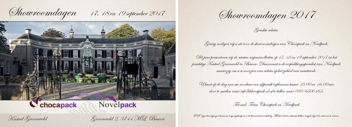 ChocaPack's tweet photo. Leuk dat wij weer zoveel klanten gaan zien tijdens de showroomdagen op 17, 18 en 19 september! Maken jullie ook nog een afspraak deze week? https://t.co/FZI1AuPM9B