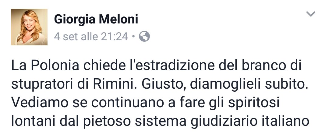 GiorgiaMeloni's tweet photo. #Rimini: Polonia chiede estradizione branco stupratori? Giusto, diamoglieli subito st https://t.co/AX7OO5foMW