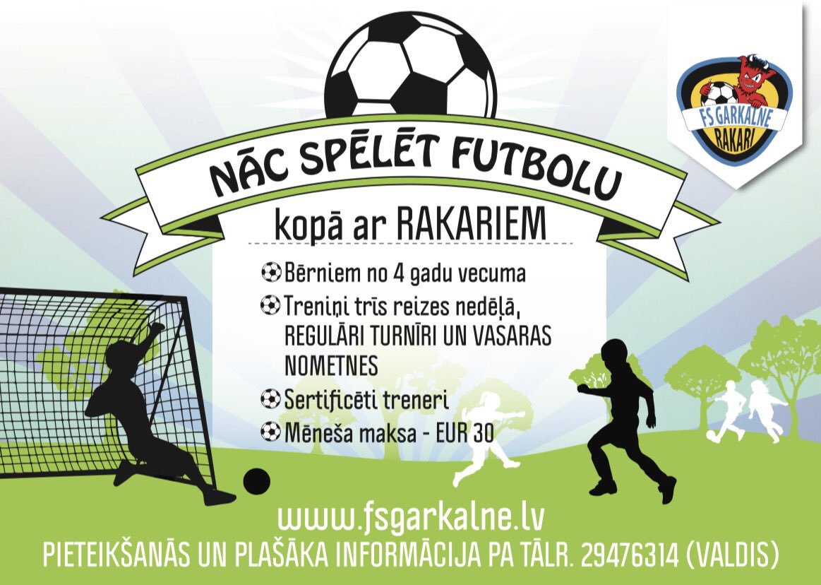 Fs_Garkalne's tweet photo. Pievienojies Rakariem.
Treniņi notiek - Ādažos, Garkalnē, Upesciemā, Ropažos, Zaķumuižā, Mālpilī, Jaunjelgavā
TIEKAMIES TRENIŅOS. https://t.co/Ovx1ryEw3M