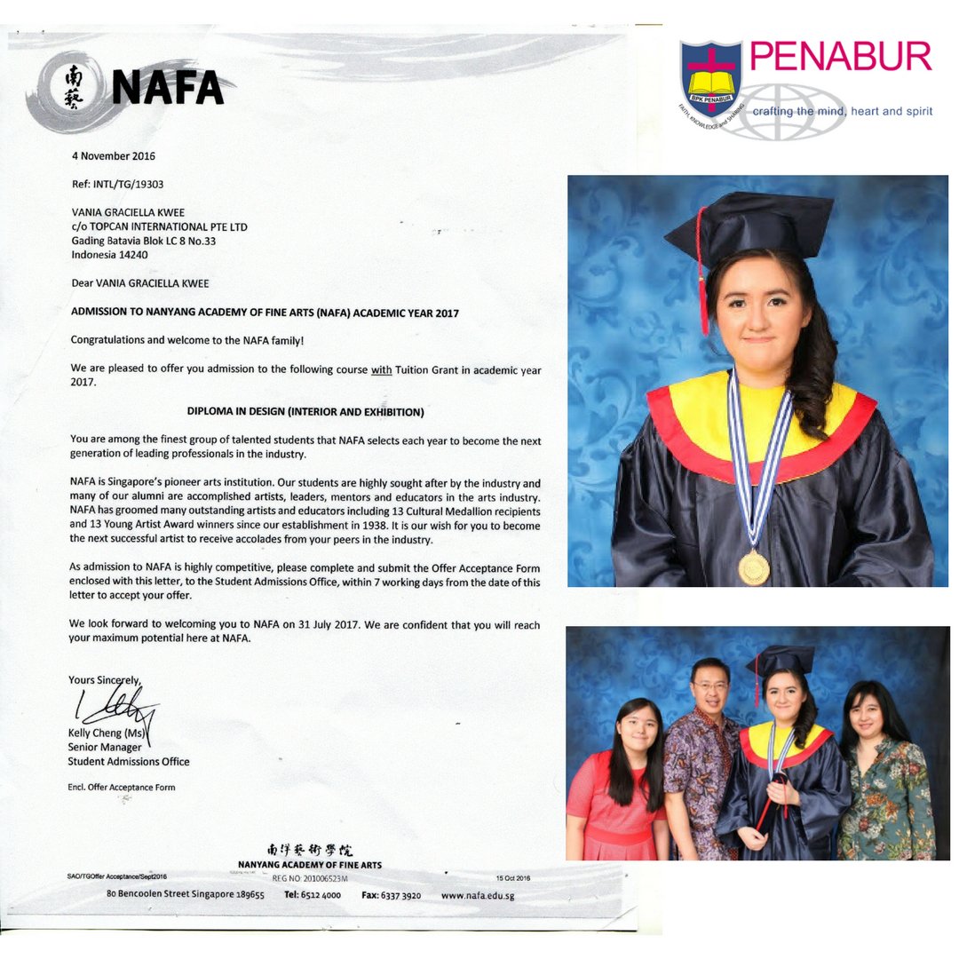 pis_kg's tweet photo. Congrat's to Vania Graciella Kwee on her acceptance to the Nanyang Academy of Fine Art (NAFA), Singapore. #PSKG #SPKPENABURKG https://t.co/qi76ofjhDF