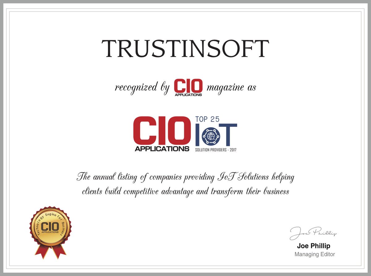 TrustInSoft Recognized TOP 25 Solution Provider of 2017 by <a href="/CIOonline/">CIO.com</a>. Read CEO @fderepas' Interview here: bit.ly/2gIlgfM #IoT