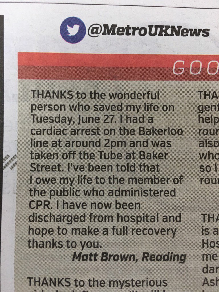 ResusCouncilUK's tweet photo. What a nice thing to read in the morning @MetroUKNews. Bystander #CPR saves lives & we're glad to see a happy ending! https://t.co/6XC4IAqOud