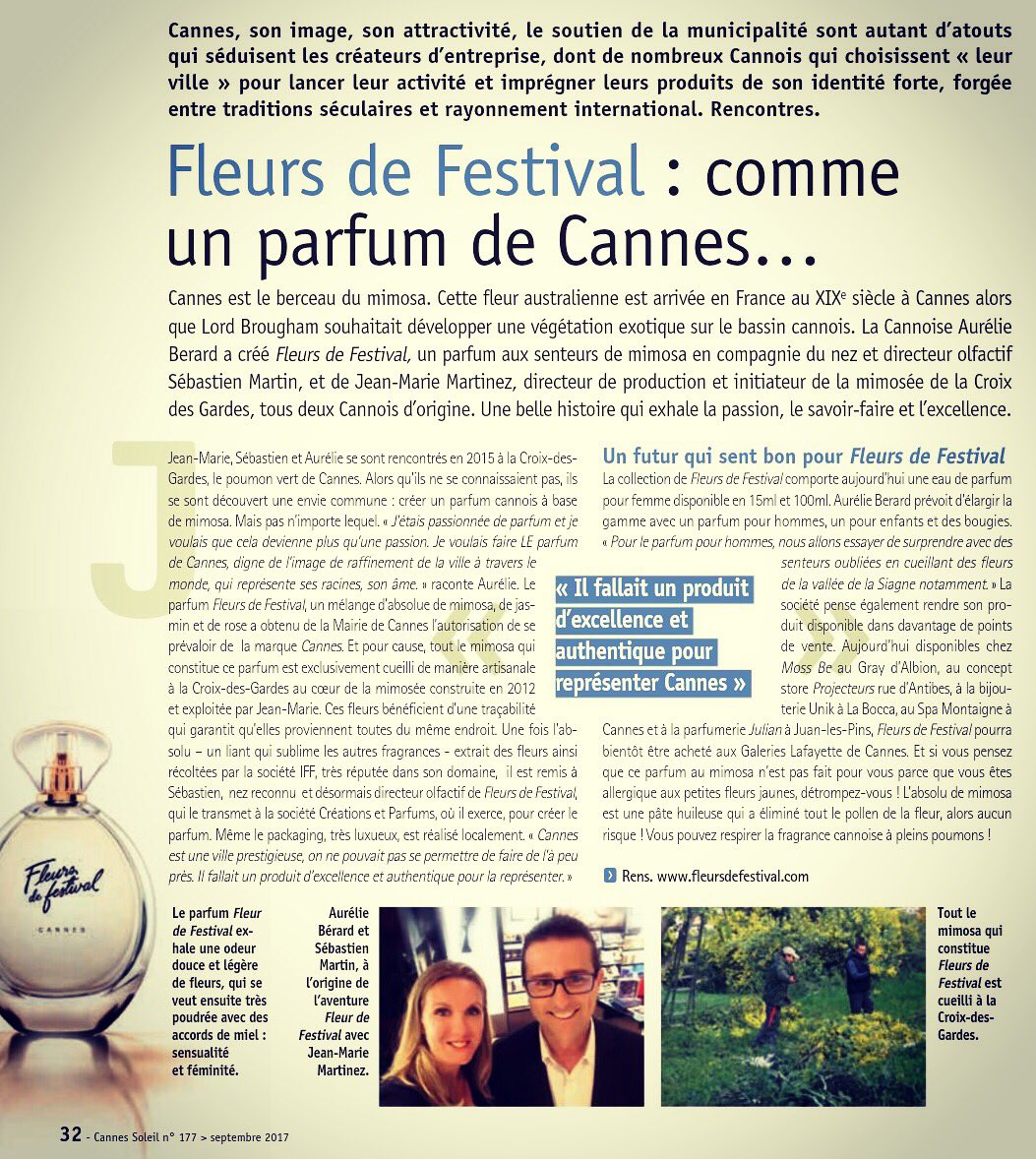 C'est la #Rentrée pour #FleursDeFestival !

Nous avons le plaisir d'un bel article dans le #CannesSoleil de Septembre 🌼🌼🌼 !

#Parfum
#Cannes