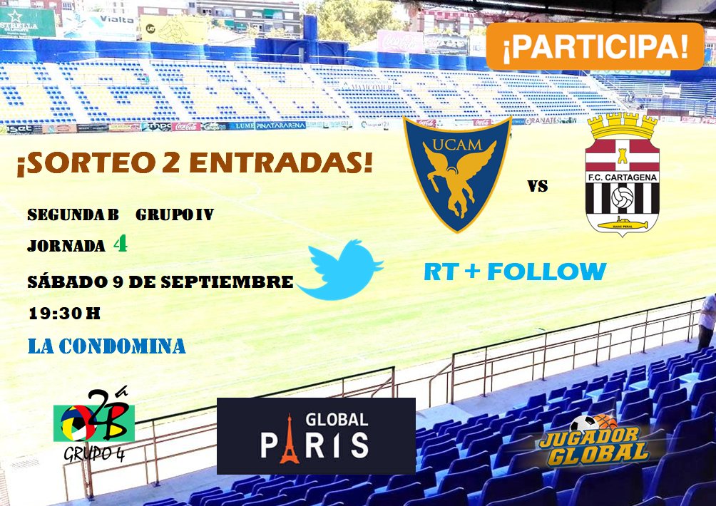 desguaceparis's tweet photo. SORTEO 2 ENTRADAS 

¿Quieres ir al @UCAMMurciaCF - @FCCartagena_efs del sábado? Haz RT+Follow y ven con Desguace París a apoyar al UCAM CF! https://t.co/9E3pP75bc8