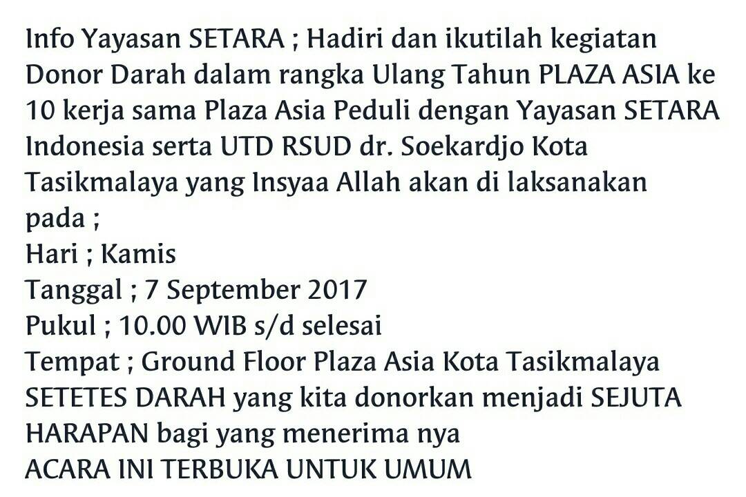 Blood4LifeID's tweet photo. #INFO #DonDar #Tasikmalaya | 7 Séptémber 2017 | 10.00 - selesai | Plaza Asia Tasikmalaya | cc @TaselaUpdate @MiFans_Tsm @bfltasik https://t.co/PpEYQEMOUw