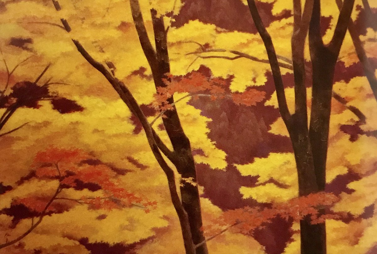 「栂尾高山寺の石水院。逆光を透かす紅葉の照り。対岸の山の斜面の濃紫色の暗さを背景にして、いっそう鮮明華麗な輝きを増す。
一夜、秋風が叩き、風が吹けば、たちまち散って行くにしても、いまその生命の充足を、調べ高らかに歌い上げる」

《照紅葉》 1968年