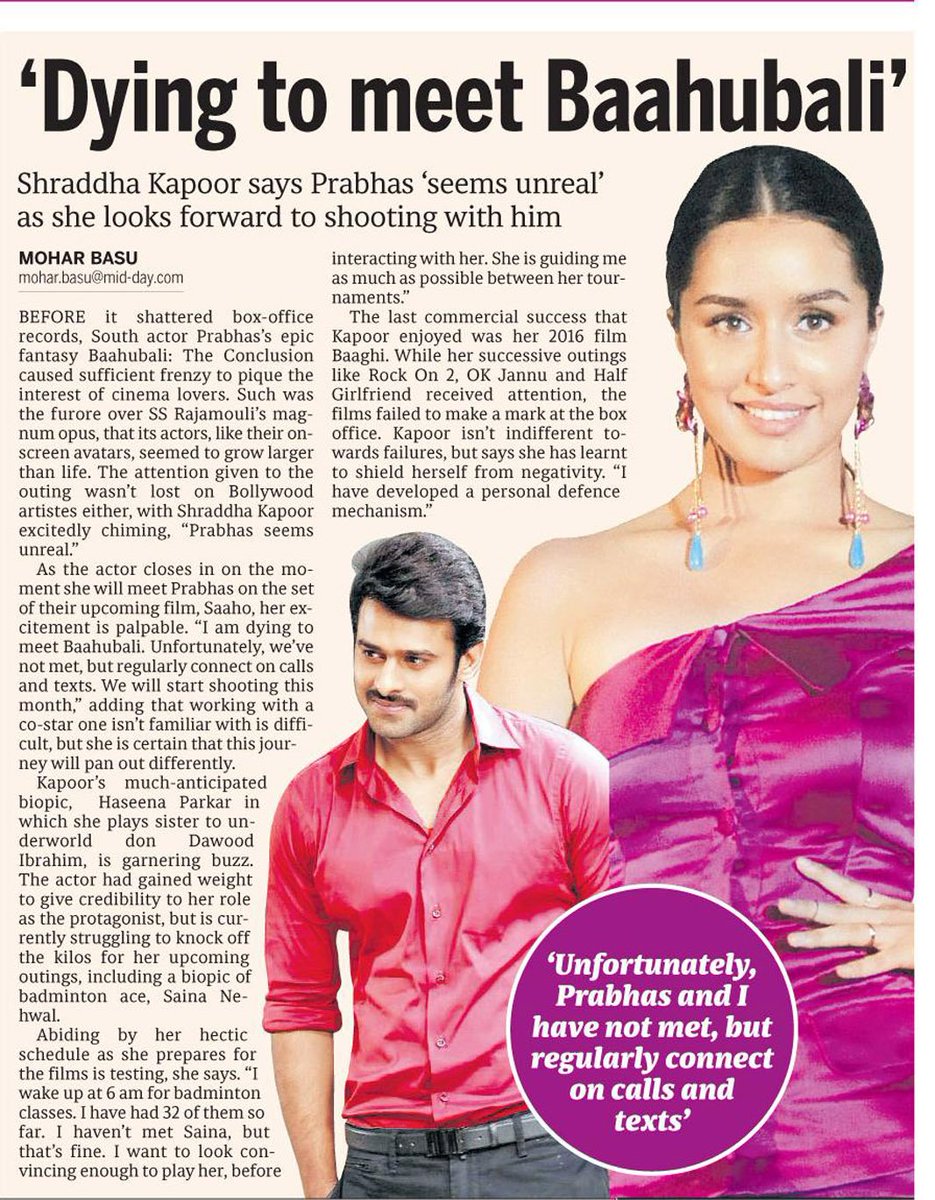 ILuvShraddha's tweet photo. [SCAN]: @ShraddhaKapoor Says Prabhas 'seems unreal' as she looks forward to shooting with him! https://t.co/KNghLpUITy