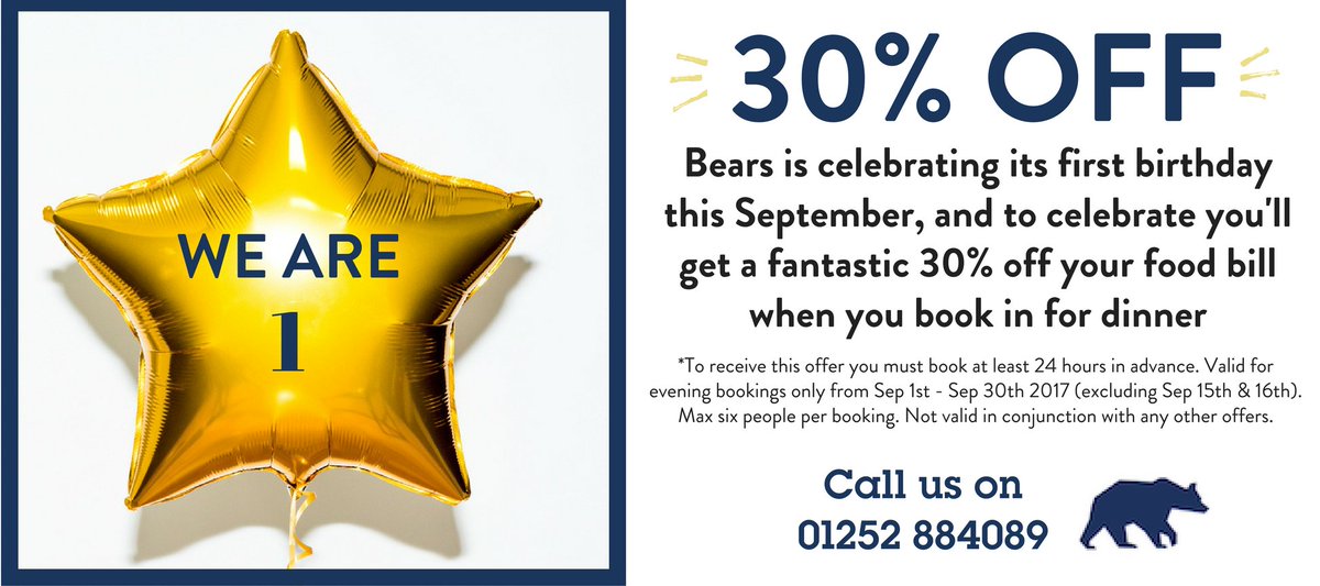 BearsRestaurant's tweet photo. We're celebrating our first birthday this September, so why not pop along for dinner. You'll get a warm welcome - and 30% off your food bill https://t.co/JRUAQ5xNdI