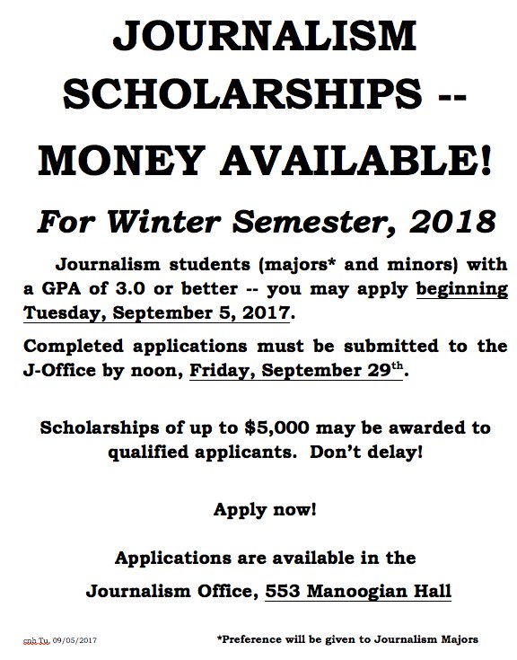 StineEckert's tweet photo. .@wsu_com #journalism students: scholarships for the winter semester 2018 are available. Apply Sept. 29! #hive55 #com2230 https://t.co/EaPC24sVc4