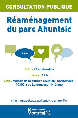 AhuntsicCartier's tweet photo. À votre agenda | 20 sept. à 19 h à la maison de la culture d'#AhuntsicCartierville, consultation publique sur réaménagement du parc Ahuntsic https://t.co/2zmeZs2t3O