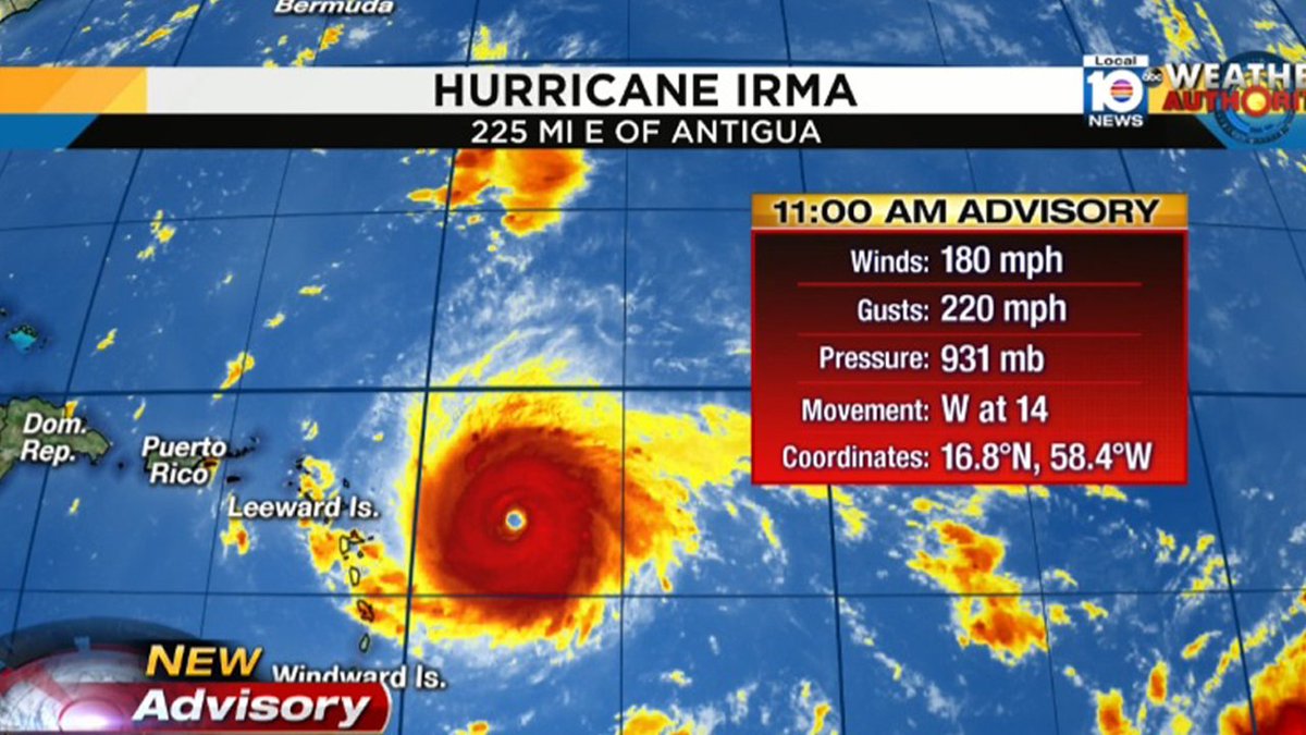 WPLGLocal10's tweet photo. #BREAKING #Irma winds now up 180 mph, gusts at 220 mph. South Florida further in forecast cone https://t.co/vnD7OB5aZg https://t.co/8M2GEzByF9
