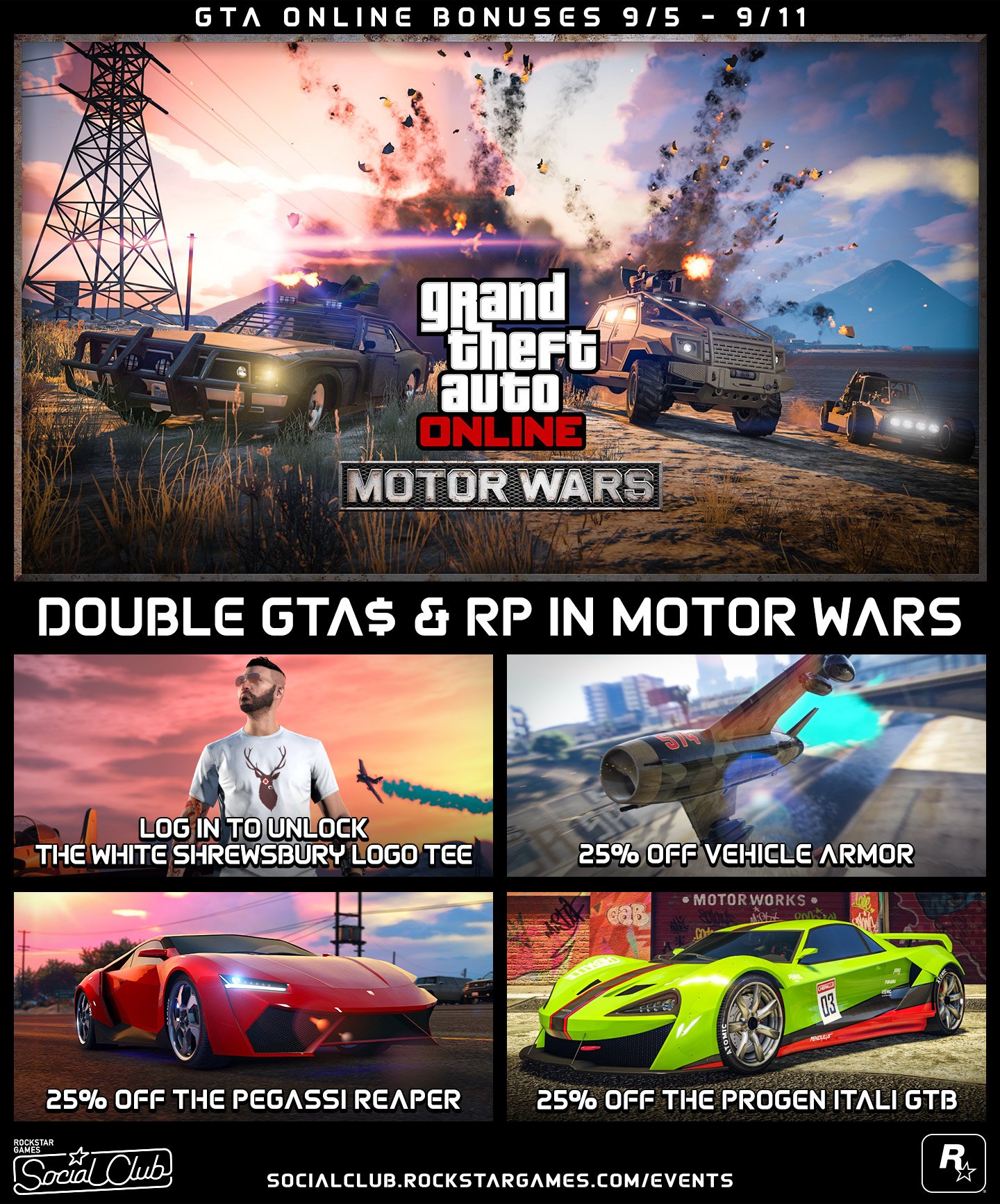 Rockstar Games on X: Drop into a hot zone and hunt for firepower as Motor  Wars returns to GTA Online this week, paying out 2X to all combatants.  Other classic modes returning