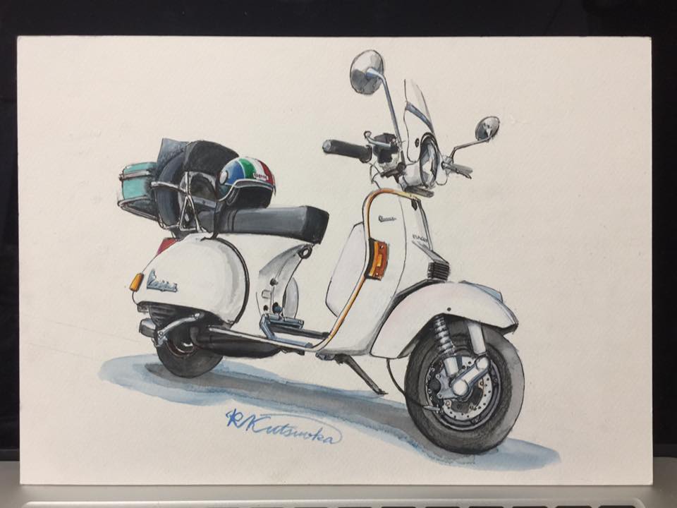 Ryo Kutsuoka Artk R Ar Twitter 先日の土曜日の似車絵 にしゃおえ ベスパ0とイタリアンカラーのヘルメット リキャリーにも年代物のサムソナイトの化粧ハードケースという粋な追加装備がたまりませんでした ベスパ Vespa 0cc バイク イラスト 西宮