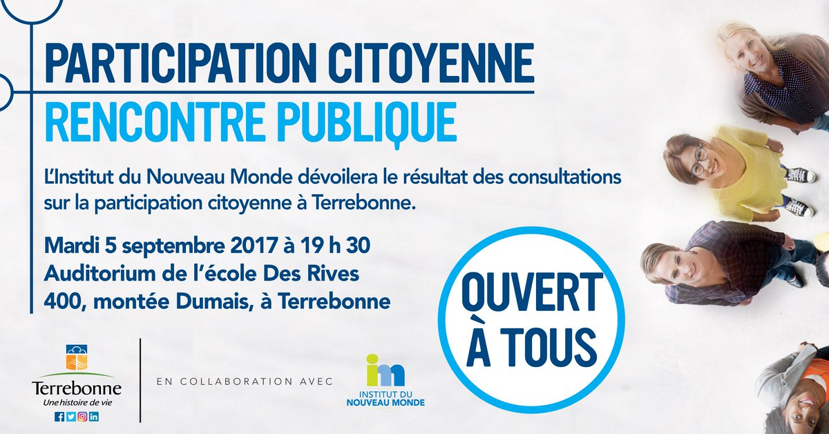 TerrebonneVille's tweet photo. Participation citoyenne 🗣️C'est ce soir que @INM_voix dévoile le résultat des consultations à #Terrebonne. Pour les détails 👇 https://t.co/j31RpyKQeo