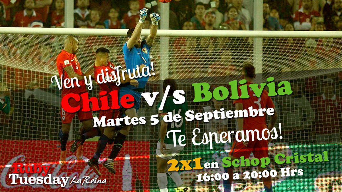 RubyLaReina's tweet photo. Los esperamos con 2x1 en Schop Cristal en #RubyTuesdayLaReina para el partido Chile v/s Bolivia de 16:00 - 20:00
#RTLR #LaRoja #Rusia2018 https://t.co/1lRG2AArz4