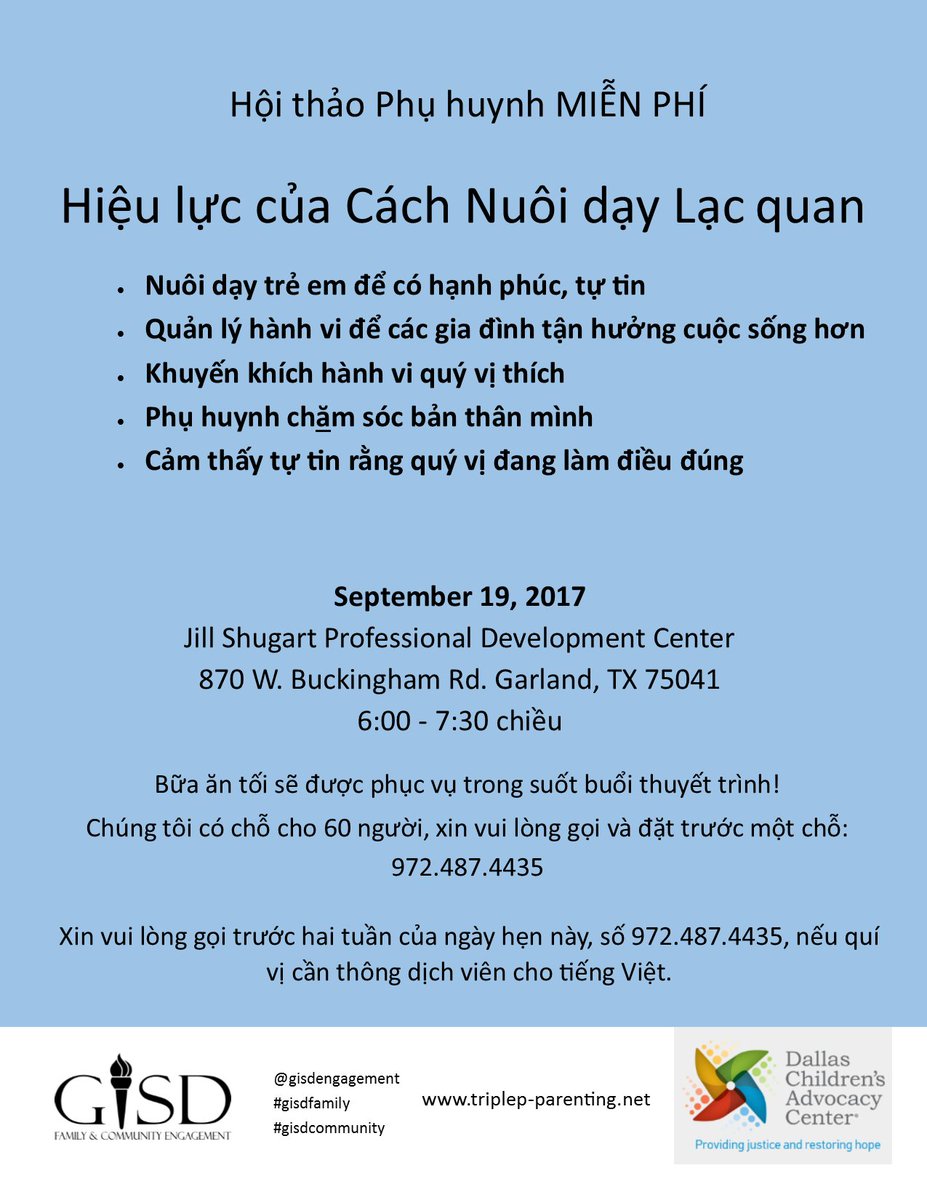 gisdnews's tweet photo. Parents are invited to get tips, support &amp; dinner at The Power of Positive Parenting workshop Sept. 19. Call 972-487-4435 to reserve a seat. https://t.co/0nc5jt9Cie