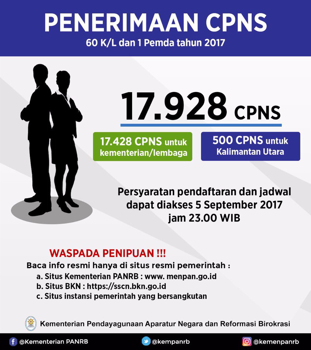 BappenasRI's tweet photo. #SahabatPembangunan, simak informasi mengenai Penerimaan Calon Pegawai Negeri Sipil (CPNS) 2017! Selengkapnya, klik @kempanrb 🇲🇨🇲🇨🇲🇨 https://t.co/MoOVF8zfPm