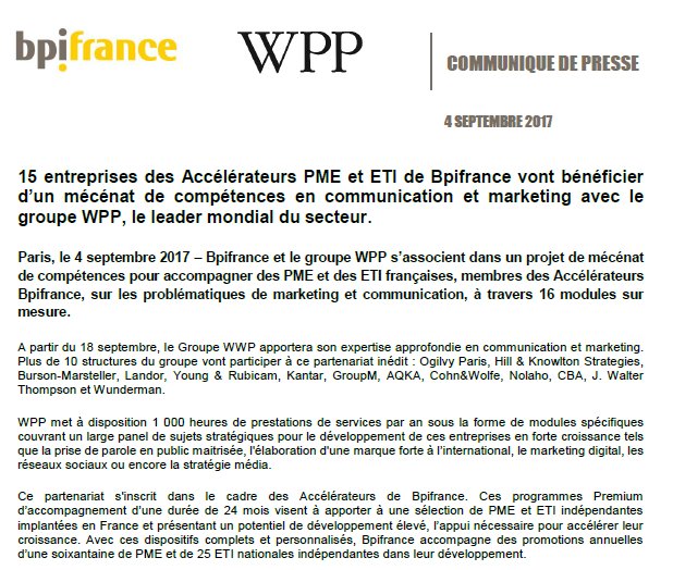 BpifrancePresse's tweet photo. 15 entreprises des Accélérateurs #PME et #ETI @Bpifrance vont bénéficier d'un mécénat de compétences avec @WPP ! https://t.co/hzrAjjMqJA https://t.co/BDCuaNDSRF