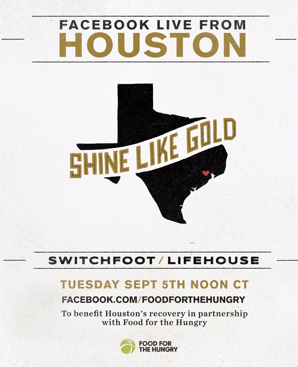 food4thehungry's tweet photo. Check out our FB at 12 PM CST for a LIVE concert from @Switchfoot &amp; @Lifehouse supporting Houston flood relief efforts! https://t.co/Nii7jZv5yE