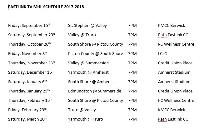 Here's our regular season broadcast schedule for <a href="/THEMHL/">The MHL</a> on <a href="/eastlink/">Eastlink</a> tv