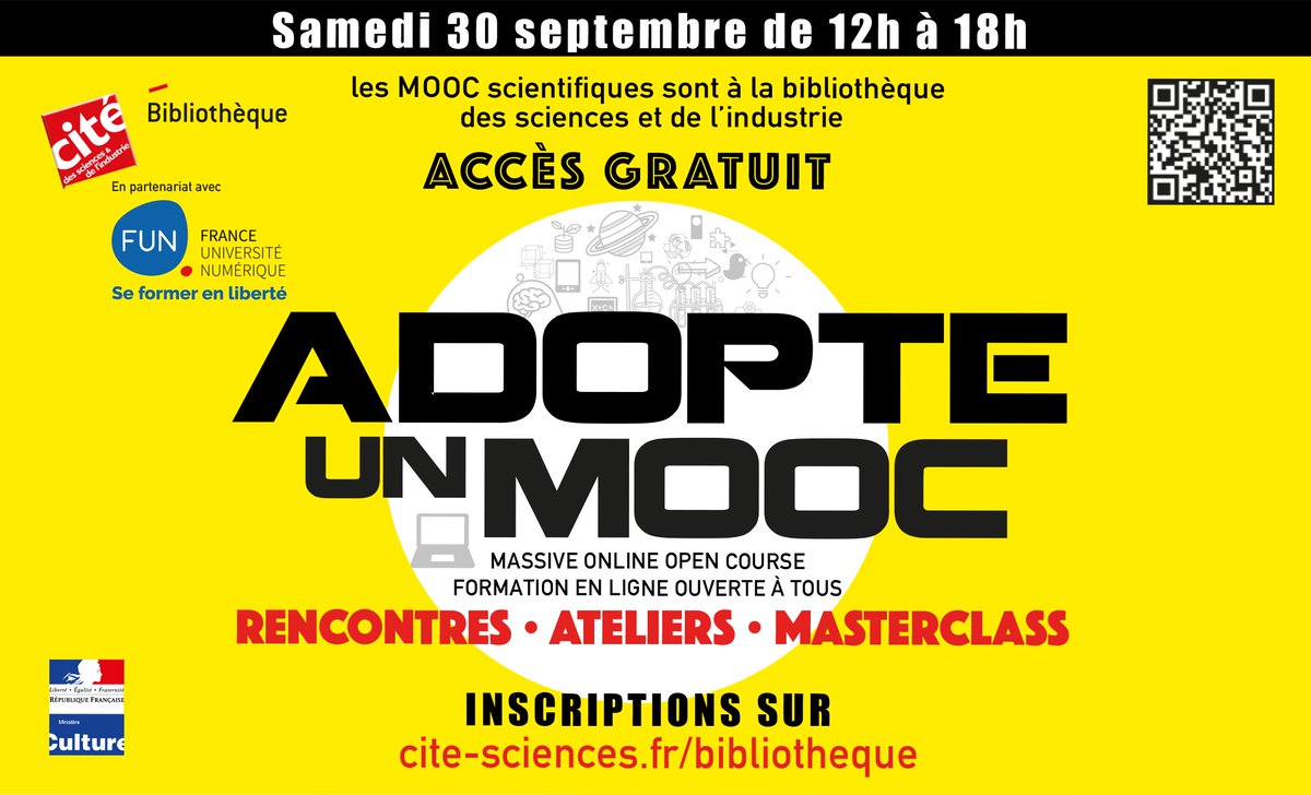 FunMooc's tweet photo. Avec #AdopteUnMooc, découvrez les #MOOC et rencontrez leurs concepteurs > un #event @bibliothequeBSI @FunMooc https://t.co/mFnHtJix2i https://t.co/UXIZYLv86T