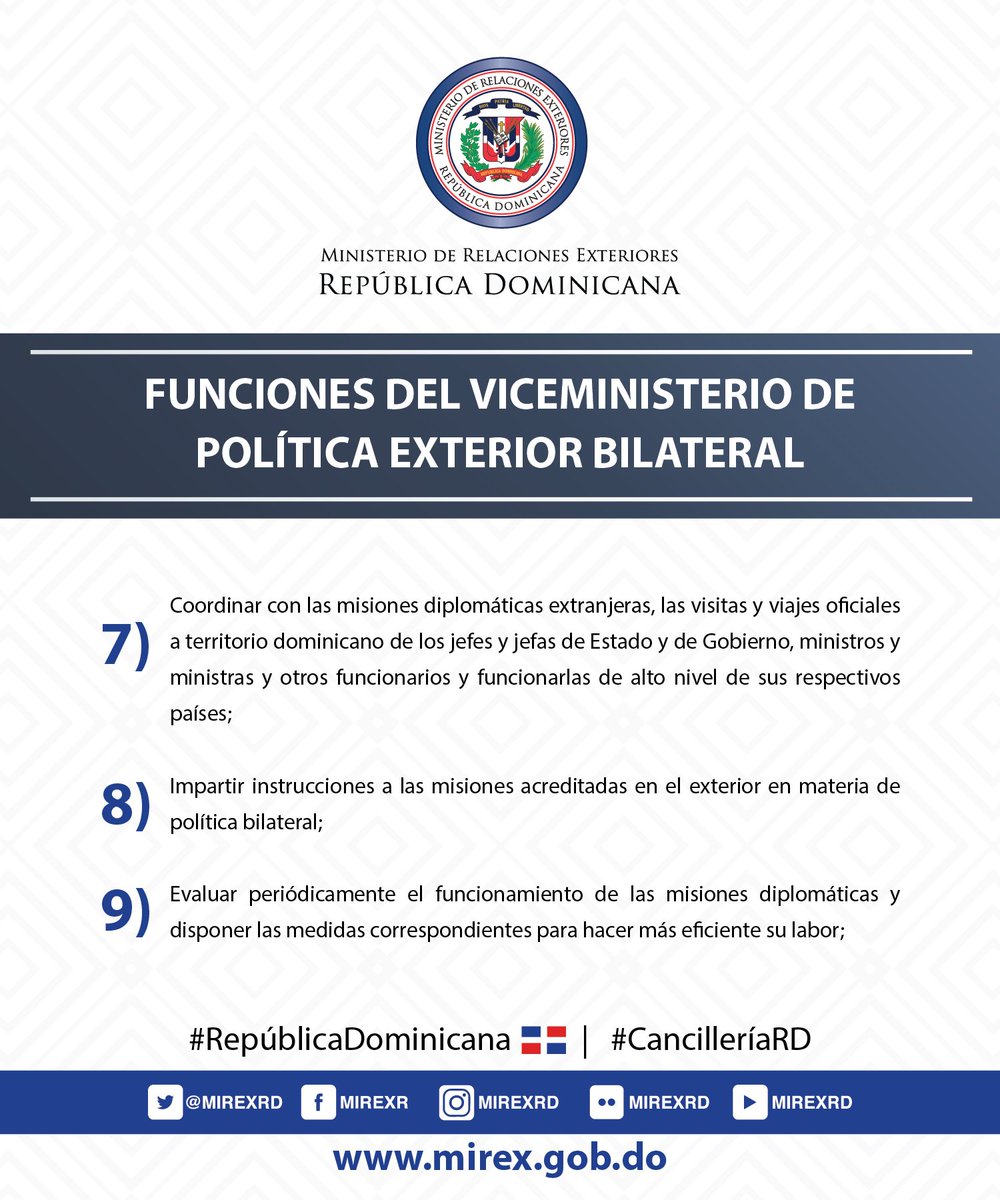 MIREXRD's tweet photo. Conoce las funciones del Viceministerio de Política Exterior Bilateral del #MIREXRD 🇩🇴 🌐 https://t.co/kupIIZSXTO