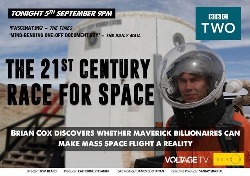 sundog_pictures's tweet photo. 'THE 21ST CENTURY RACE FOR SPACE', TONIGHT 9PM (BBC TWO)

"Fascinating" - The Times
"Mind-bending one-off documentary" - The Daily Mail https://t.co/WyNpnyAWOm